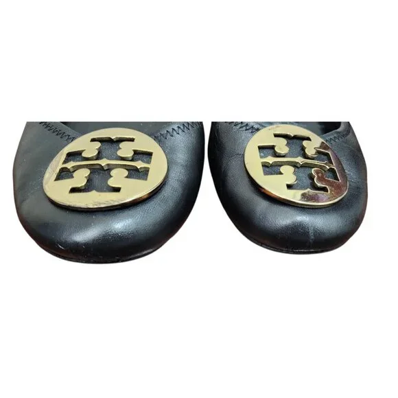 Tory Burch Reva Black Leather Ballet Flats Gold Logo Medallion Size 11 - Picture 3 of 10
